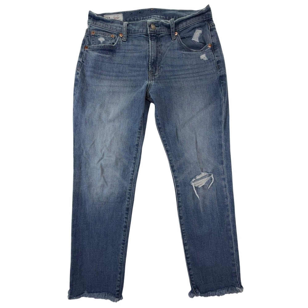 Gap Girlfriend Jeans Womens 27 4R Mid Rise Distressed Raw Fringe Hem Blue